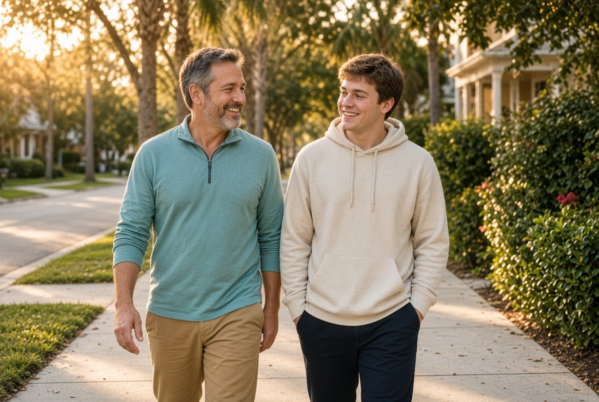 A coach walking with a young adult on a Florida neighborhood sidewalk
